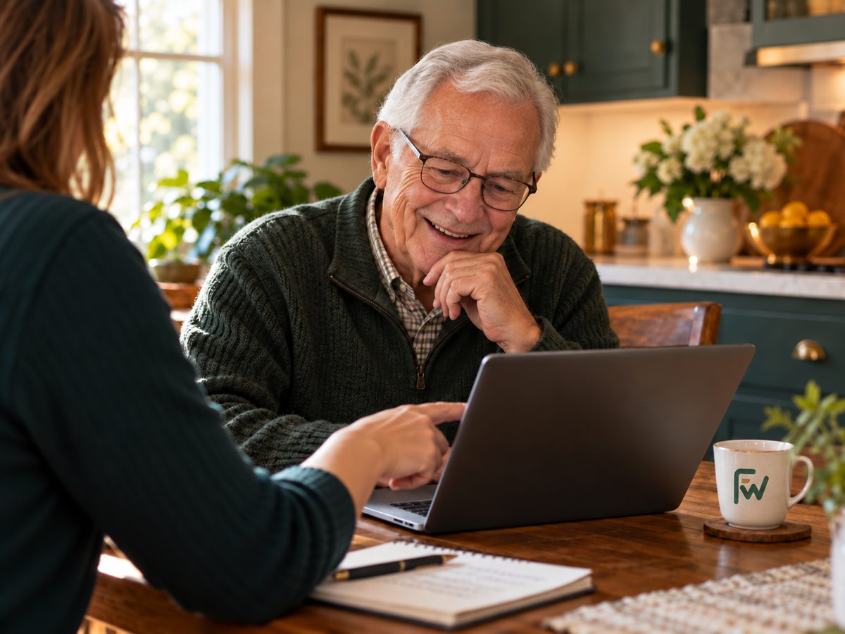 Older man smiling during a one-on-one laptop lesson