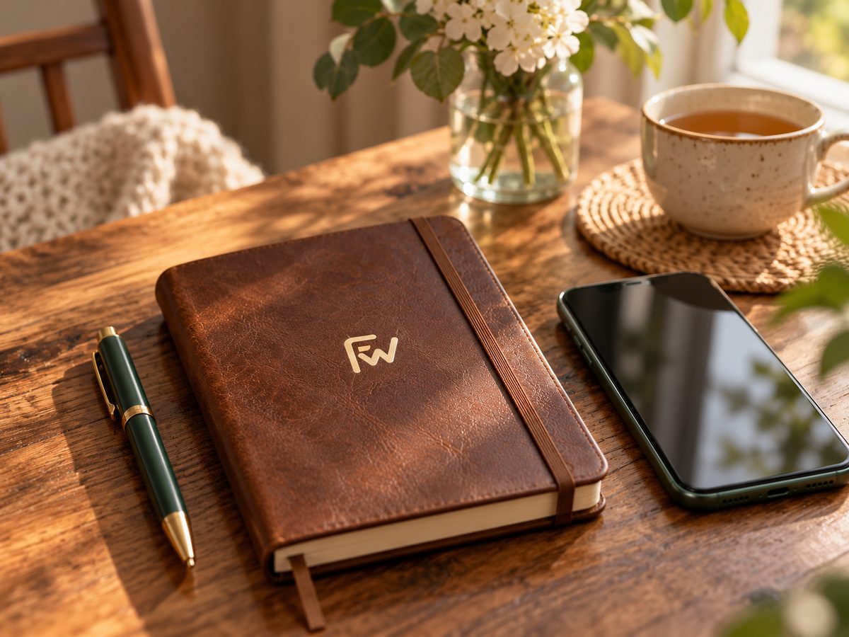 A leather notebook for passwords, a pen and a phone on a wooden table