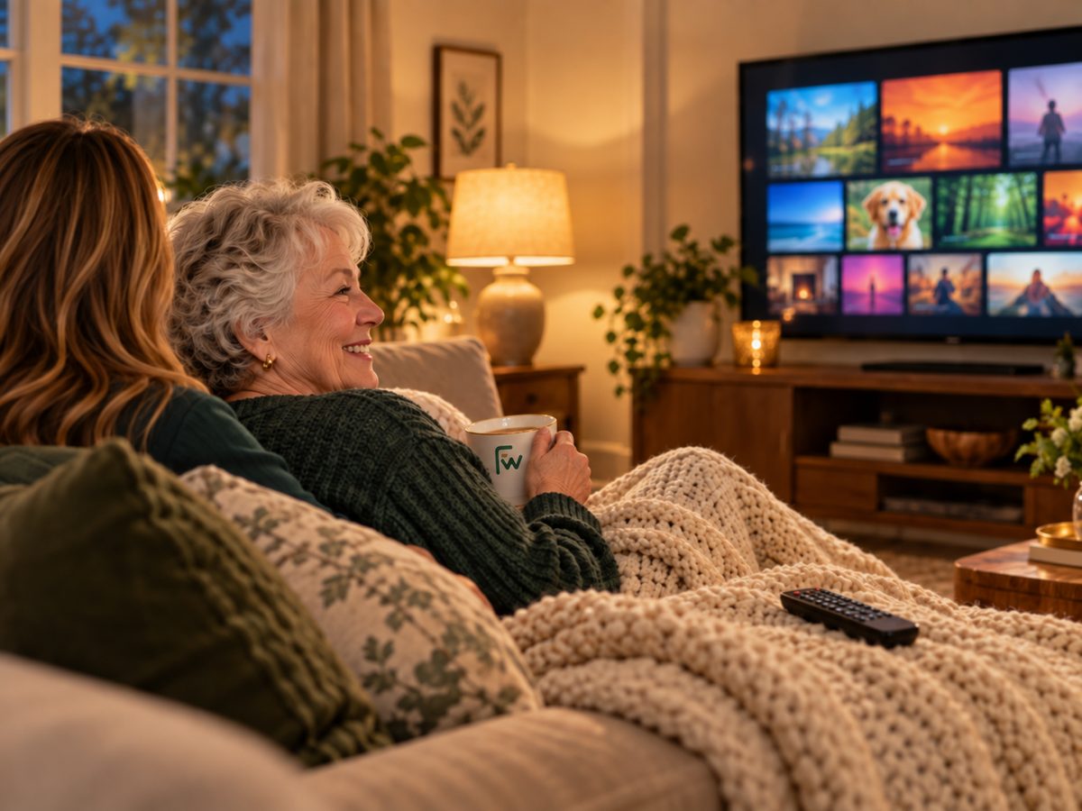 Senior relaxing on the couch with streaming apps on the TV